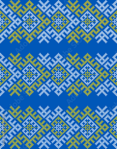 Ukrainian ethnic ornament vector, yellow and blue cross-stitch seamless pattern, traditional vyshyvanka embroidery, folk art border for print, fabric, clothing, website, banner, background
