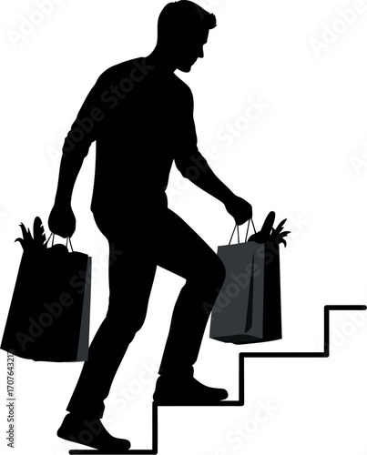 Vector art of silhouette of a man carrying shopping bags up stairs, symbolizing errands and daily life transparent background