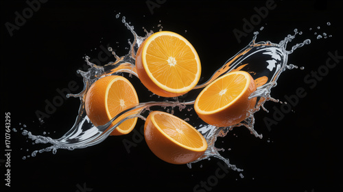 Dynamic splash of fresh orange slices with water droplets against a dark backdrop, perfect for vibrant food and beverage designs, showcasing refreshing citrus
