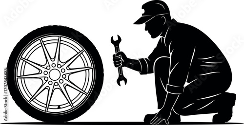Vector art of silhouette of a mechanic with a wrench next to a car wheel, transparent background