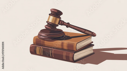 Justice gavel resting on law books symbolizing legal authority, court proceedings, and judicial decisions in a professional environment with a strong legal focus