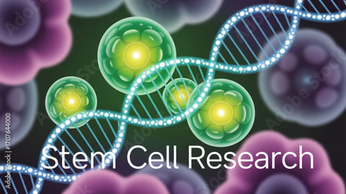 An illustration depicting stem cells and DNA, representing stem cell research.