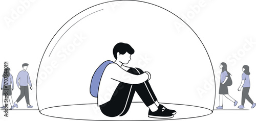 vector illustration of a teenager sitting in the crowd inside a big bubble, symbol of anxiety