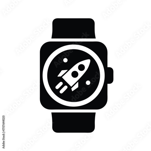 Black smartwatch displaying a rocketship taking off inside, symbolizing speed, innovation, and modernity