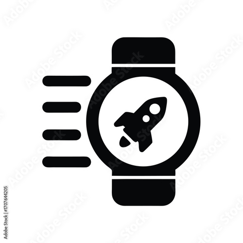 Black smartwatch features a rocket icon and signal lines conveying speed and technology