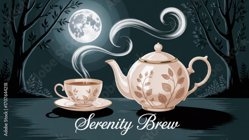 Tranquil evening scene with moonlit cup of tea, teapot, and forest, perfect for relaxation, wellness, and peaceful moments, inspiring calm and serenity