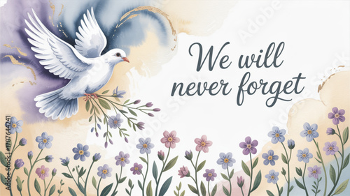 Remembering with hope and peace, a serene dove carrying flowers graces a memorial tribute for remembrance, a gentle reminder of enduring love and respect, forever in our hearts