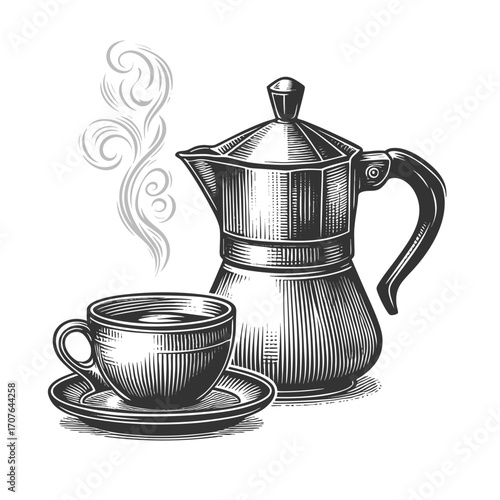 Coffee pot and steaming coffee cup, perfect for cafe design, menus, posters, or branding sketch engraving generative ai vector illustration. Scratch board imitation. Black and white image.