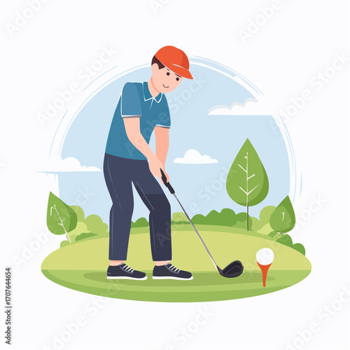 Golfer Swinging Club Vector Illustration, Flat Style