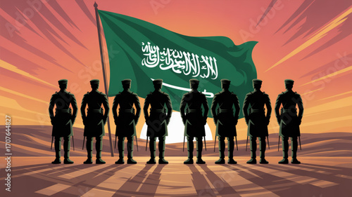 Patriotic pride with soldiers silhouetted against the Saudi Arabia flag at sunset, a symbol of unity and strength, perfect for national day celebrations and cultural events, expressing loyalty