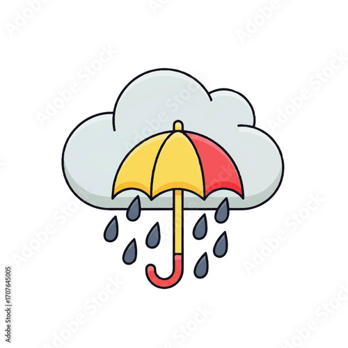 A vibrant yellow and red umbrella provides shelter from a rain cloud. An isolated vector icon representing weather, protection, and rainy day forecasts