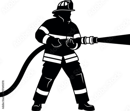 Vector art of silhouette of a firefighter holding a hose, transparent background
