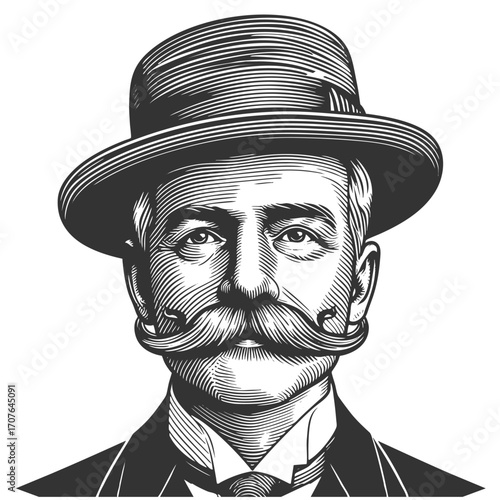 Victorian-era gentleman wearing a bowler hat and suit, with a large curled mustache sketch engraving generative ai vector illustration. Scratch board imitation. Black and white image.