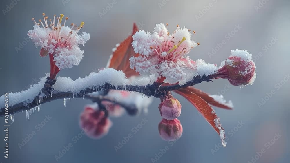 A close-up shot of a tree branch covered in snow, perfect for winter-themed projects