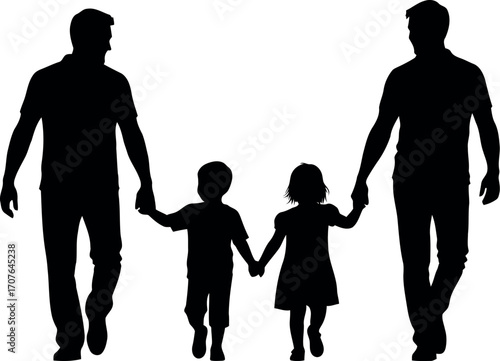 Vector art of silhouette of two fathers holding hands with their two children transparent background