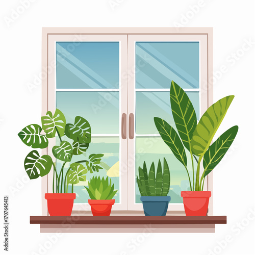 Vector illustration of potted houseplants on a windowsill, including snake plant, pothos, and fiddle leaf fig, in a cozy indoor setting