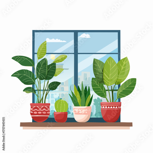 Vector illustration of potted houseplants on a windowsill, including snake plant, pothos, and fiddle leaf fig, in a cozy indoor setting