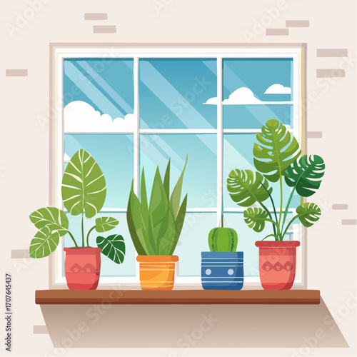 Vector illustration of potted houseplants on a windowsill, including snake plant, pothos, and fiddle leaf fig, in a cozy indoor setting