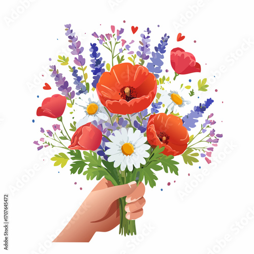 Full-color vector of a hand holding a bouquet of wildflowers, including daisies, poppies, and lavender, with soft gradients and a warm color palette