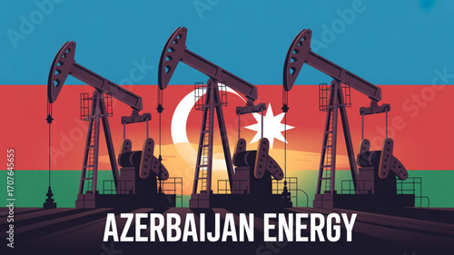 Azerbaijan's energy future visualized with pumpjacks against the national flag, symbolizing industry, economy, and global resources, ideal for business and financial presentations
