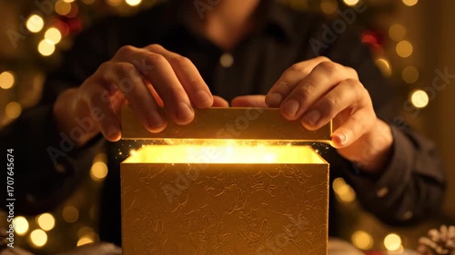 Magical holiday scene with hands opening a golden gift box revealing sparkling lights and glowing particles, set against a warm, festive background with twinkling bokeh lights and cozy atmosphere