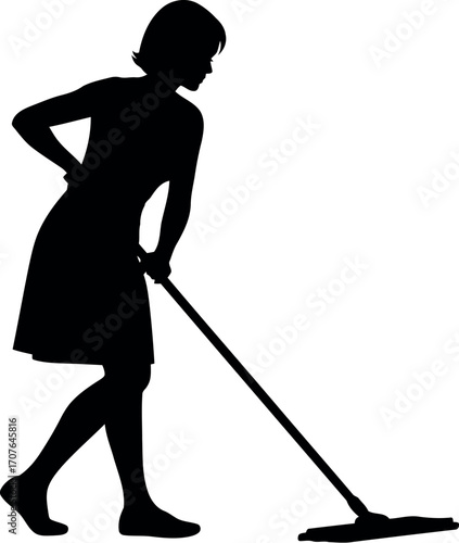 Vector art of silhouette of a woman mopping the floor transparent background
