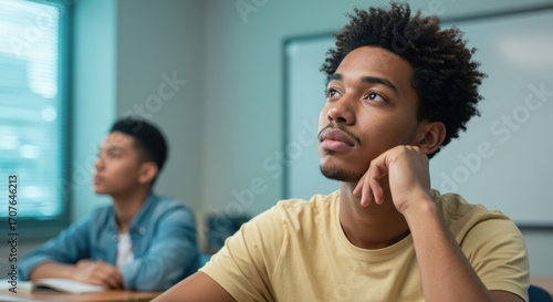 Young black man thinking in classroom with student in background  