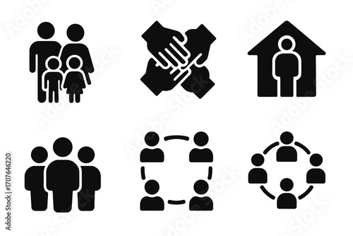 Family and community icons: unity, support, and togetherness symbols in black silhouette