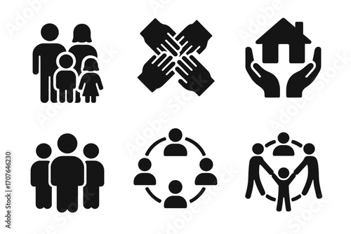 Community and family icon set representing unity and support