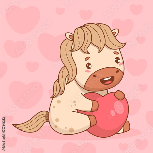 Romantic Cute Horse with Heart. Adorable Little Pony Kawaii Animal on Pink Background. Vector illustration. Kids collection. Not AI