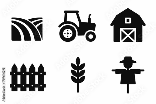 Set of farm icons: tractor, barn, field, fence, wheat, scarecrow silhouettes