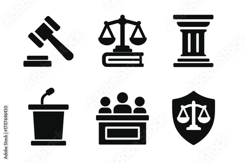 Legal icons: gavel, scales of justice, column, podium, jury, shield