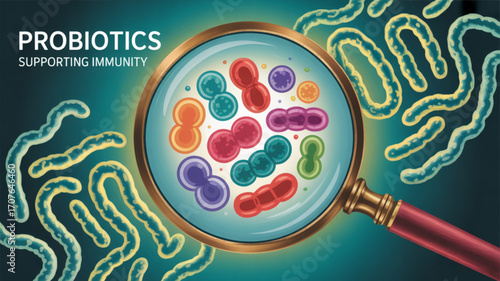 Probiotics under a magnifying glass for healthcare, promoting gut health and supporting immunity, showcasing the power of microorganisms in a vibrant, educational, and scientific context