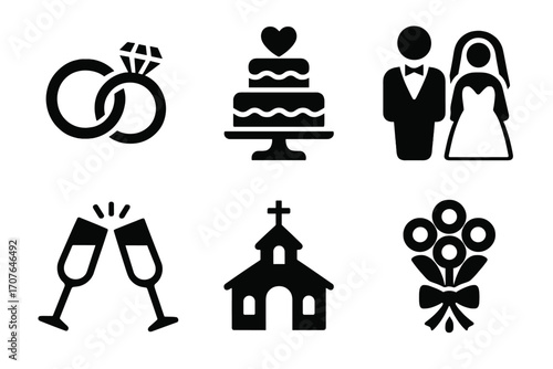 Wedding symbols: rings, cake, couple, toast, church, bouquet icons