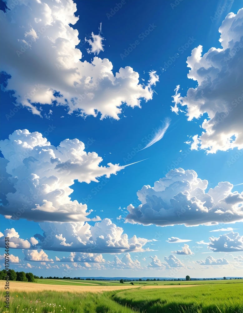 Fototapeta premium A vast bright blue sky filled with puffy white cumulus clouds stretching over a bright green landscape and horizon
