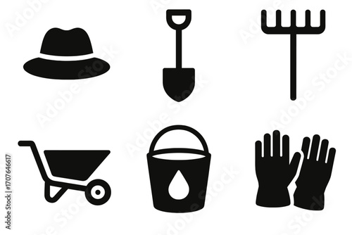 Essential gardening tools: shovel, rake, wheelbarrow, gloves, hat, bucket icons