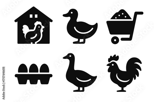 Farm animal icons: chickens, ducks, eggs, and wheelbarrow silhouettes