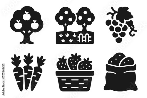 Silhouette icons of fruits and vegetables: apples, grapes, strawberries, carrots, potatoes