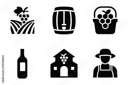 Vineyard icons: grapes, barrel, basket, bottle, winery, farmer