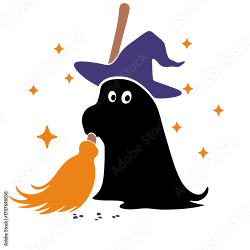 A cartoon ghost wearing a witch hat is holding a broom surrounded by orange stars and black dots