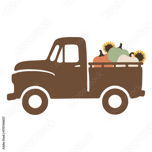 Illustration of a brown vintage truck carrying pumpkins and sunflowers in the truck bed design element