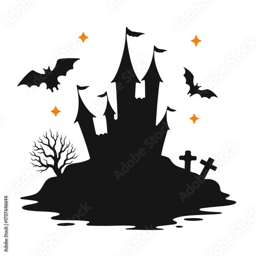 Silhouette of a spooky halloween castle with bats, tombstones, and a bare tree under a starry night sky