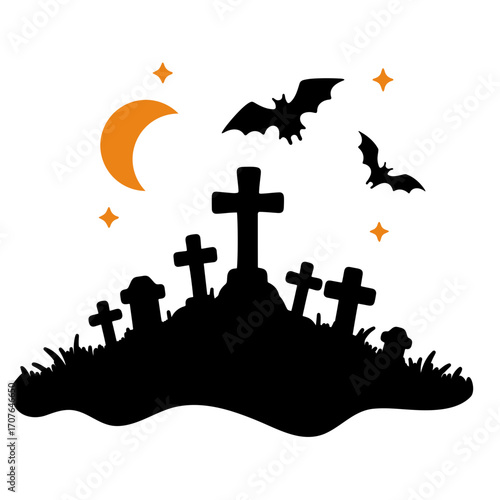 Silhouette of graveyard with tombstones bats moon and stars creating a spooky halloween night scene
