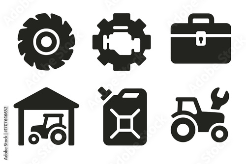 Agricultural icon set: tractor, engine, toolbox, workshop, fuel canister, repair symbol