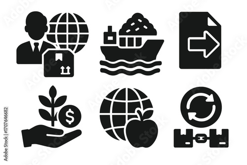 Global trade and logistics icons set with shipping and agriculture