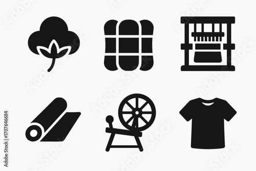 Textile production icons: cotton, loom, fabric roll, spinning wheel, t-shirt symbol