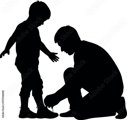 Vector art of silhouette of a father tying his childs shoelaces, transparent background