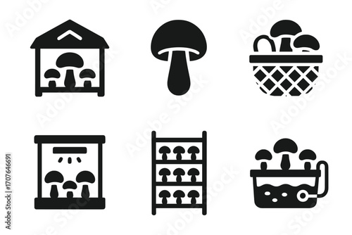 Mushroom farming icons: basket, storage, indoor, racks, growing setup illustrations