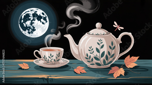 Cozy night tea time with a full moon and autumn leaves, savoring the peaceful ambiance of a warm drink, a dreamy evening escape, calming vibes, perfect for relaxation and mindful moments