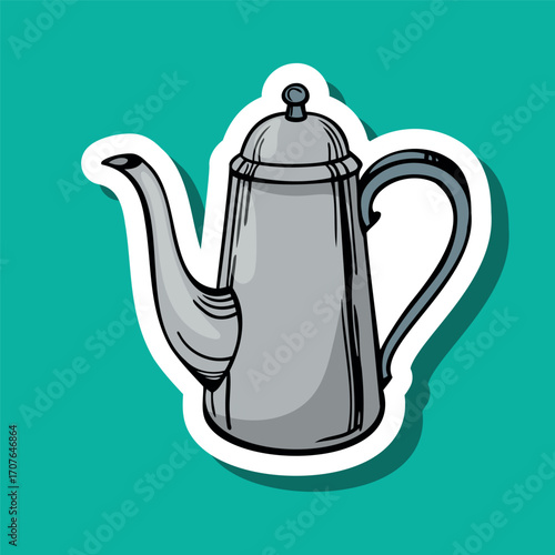 A vintage silver teapot with a long spout and a decorative lid. The teapot is illustrated on a bright turquoise background.